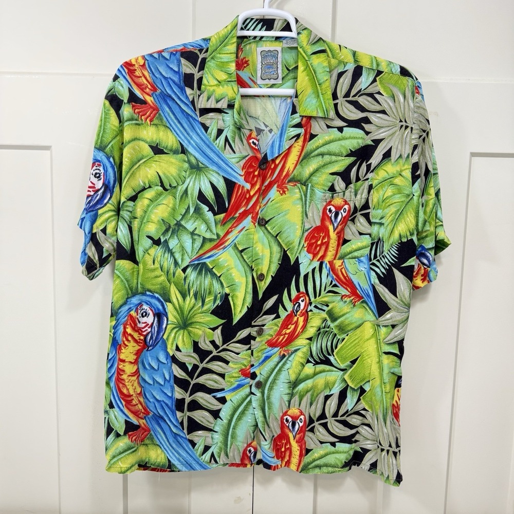 Ocean Current Original Parrots Floral Aloha Tropical Hawaiian Short Sleeve Men L